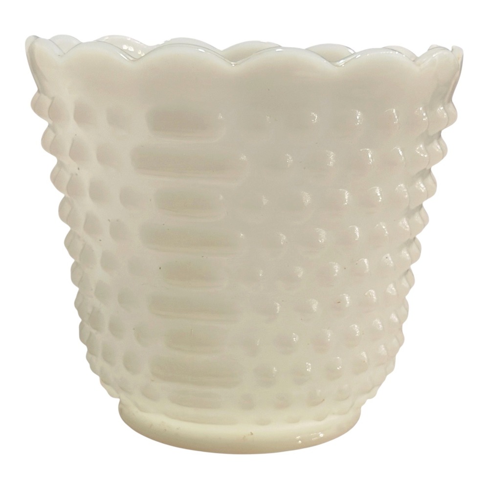 Vintage Hobnail White Milk Glass Fire King 5.25" Scalloped Planter Vase MCM